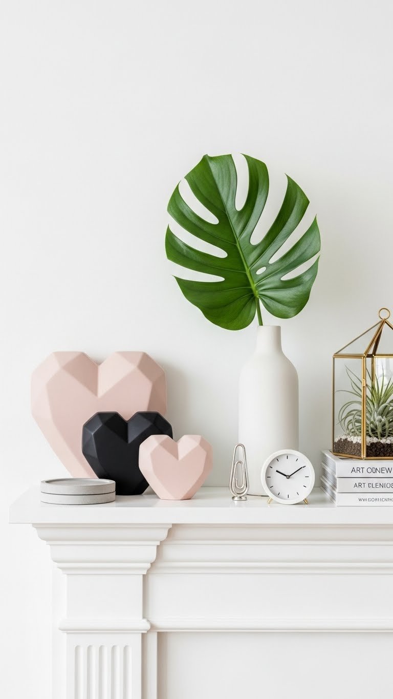 Modern minimalist Valentine mantle with geometric black hearts and monstera leaf in white vase.