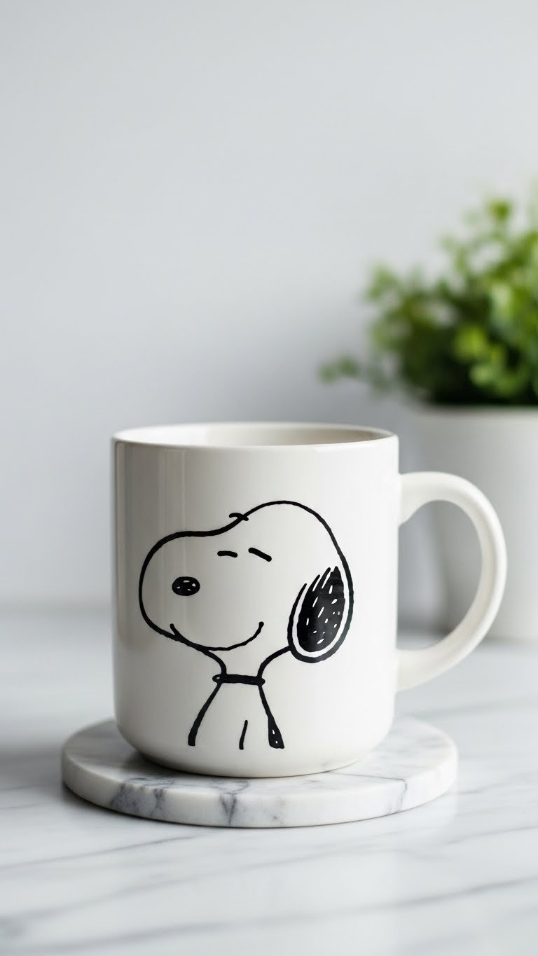 Modern minimalist ceramic mug with black outline of Snoopy's head on white background displayed on marble countertop with soft bokeh effect.