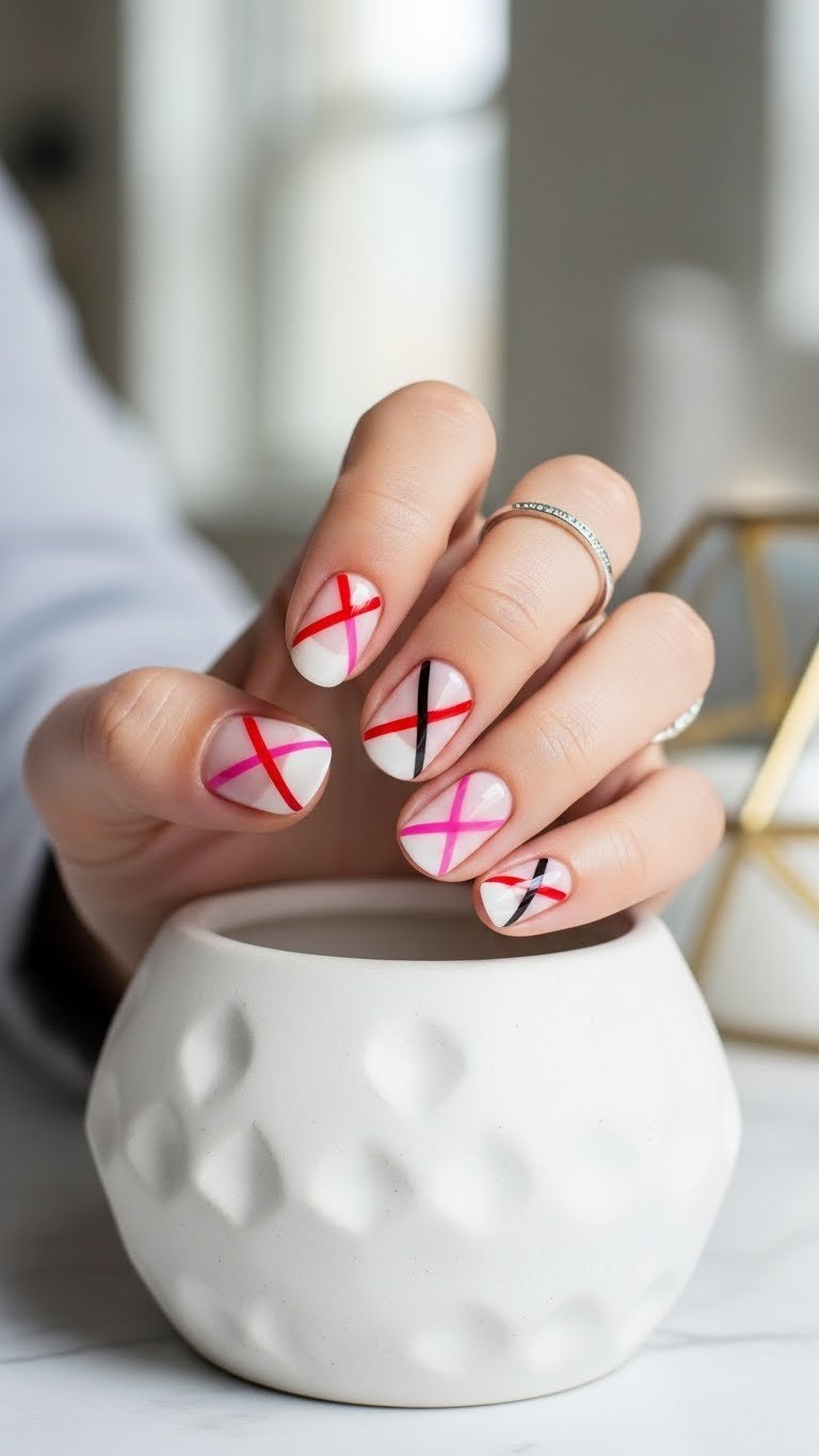 Modern negative space XOXO nails with crisp red and pink patterns on natural nail against white ceramic surface.