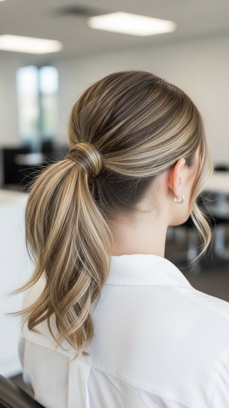 Modern ponytail loop hairstyle on medium length hair with sleek looped ends and clean finish