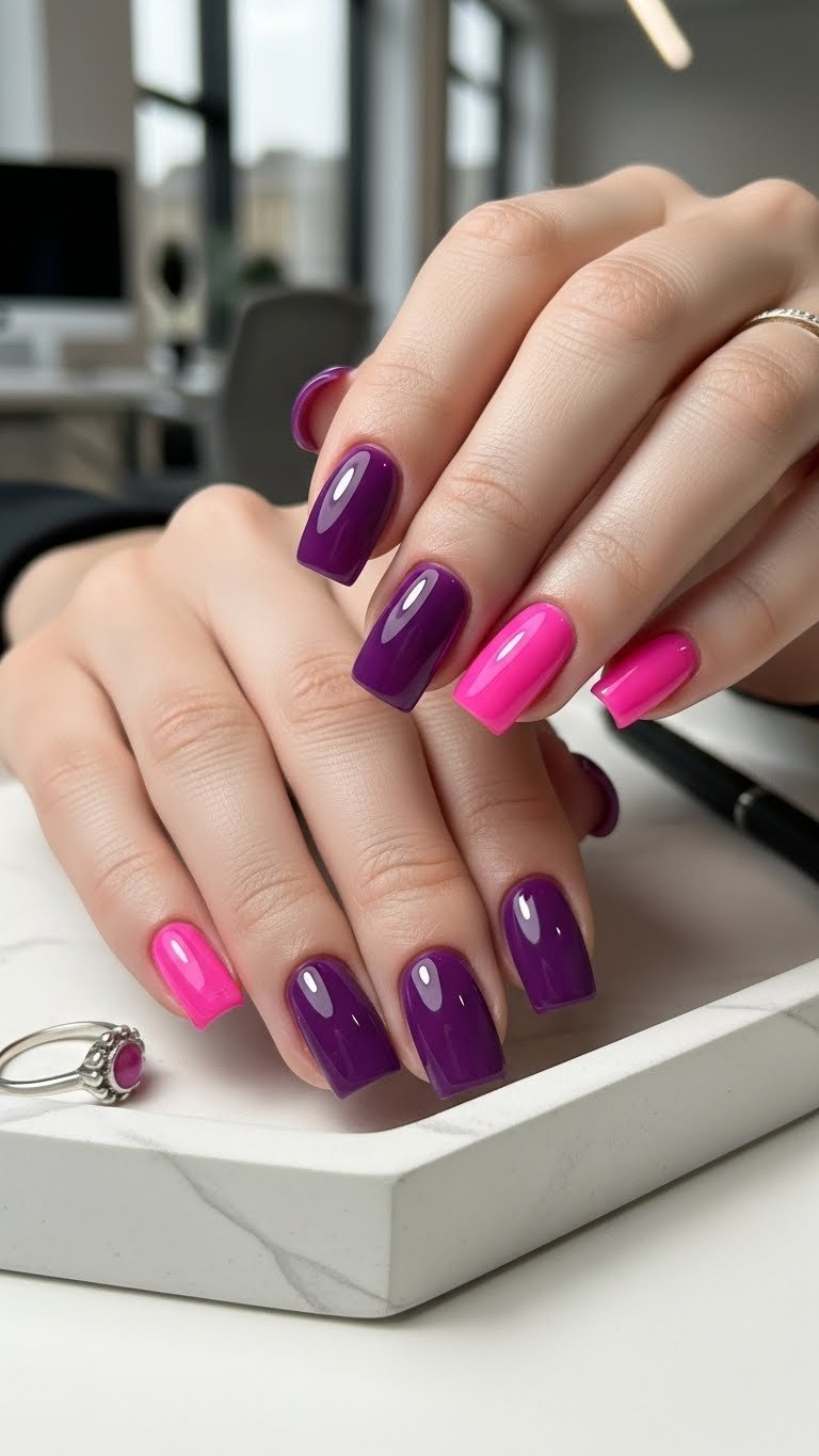 Modern purple to pink ombre square nails on white geometric tray in softly blurred office setting