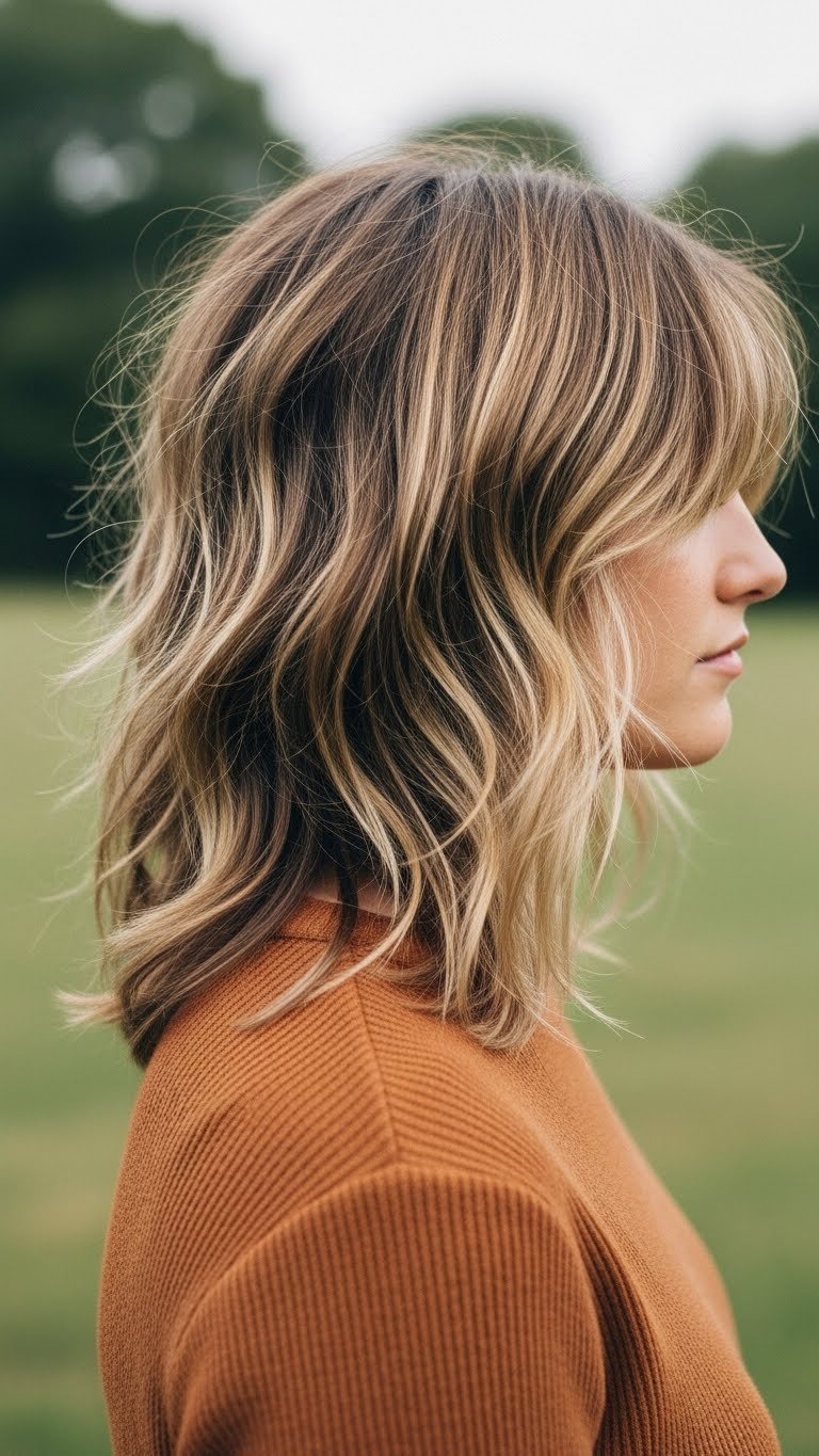 Modern shaggy layered haircut with dark blonde hair showcasing natural volume and movement in outdoor greenery setting