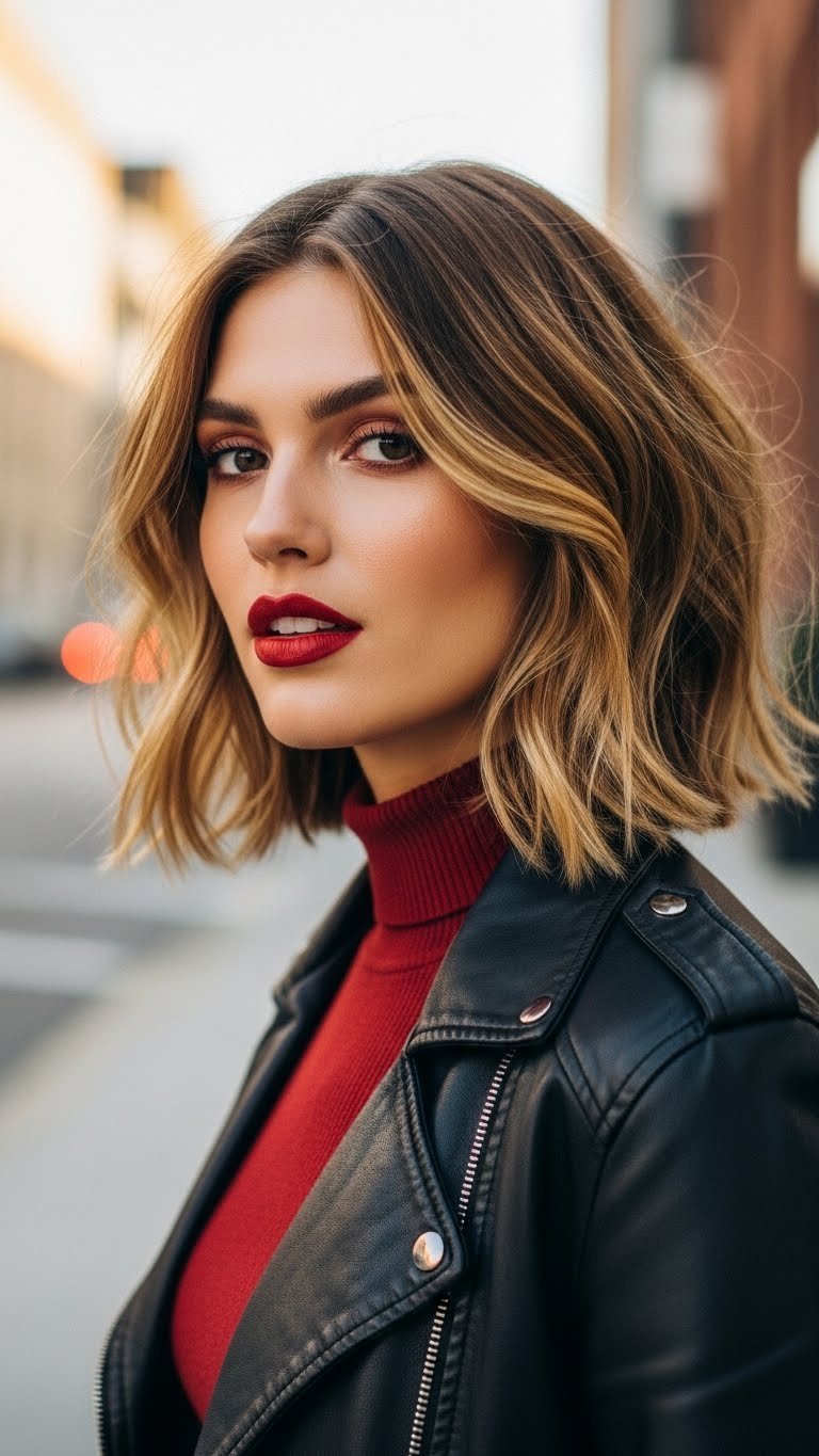 Modern shaggy lob haircut on medium length hair with textured layers, leather jacket, and blurred urban city street background
