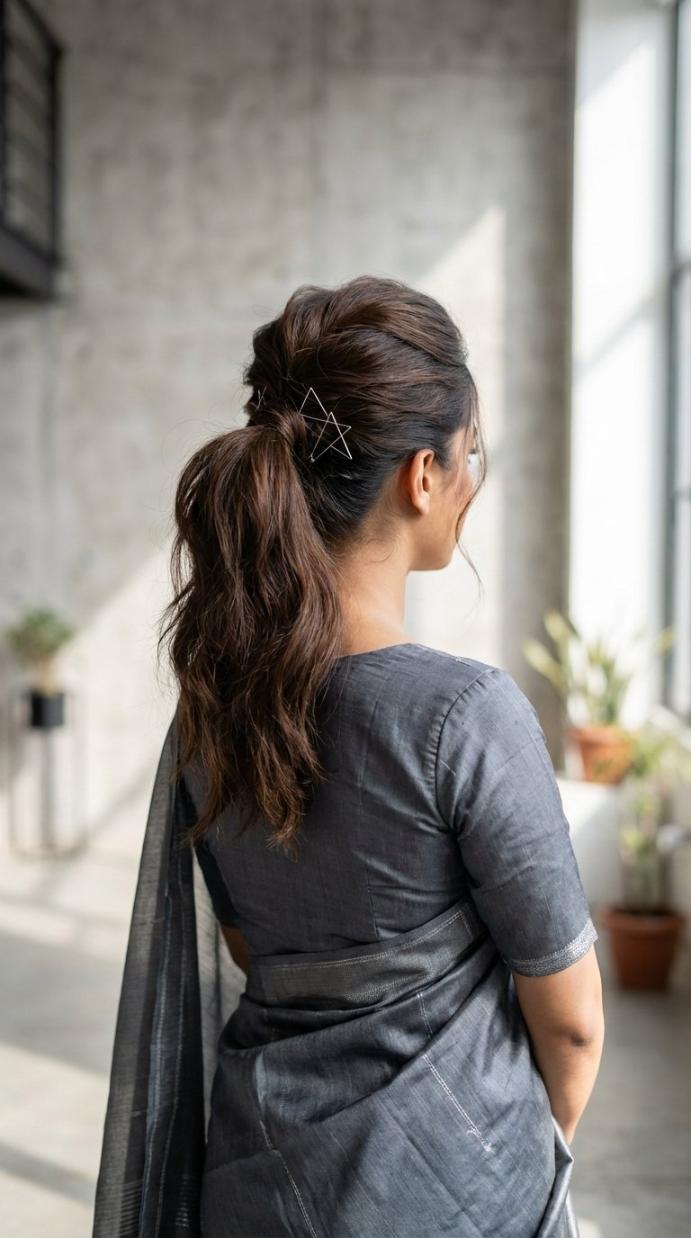 Modern textured ponytail hairstyle with voluminous crown pouf and metallic accessories for contemporary saree style