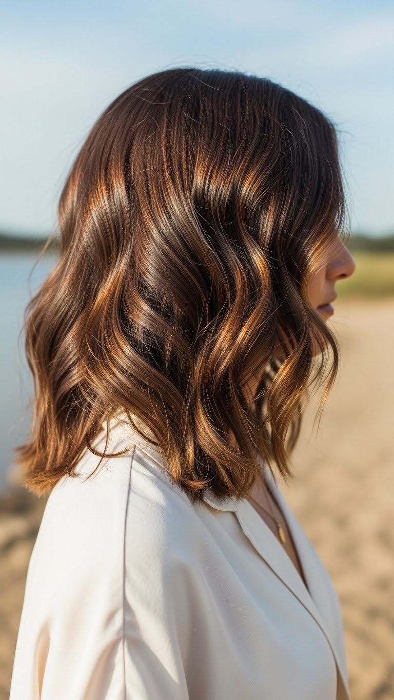 Modern wavy open hair style on Indian woman with soft waves flowing freely in natural outdoor landscape