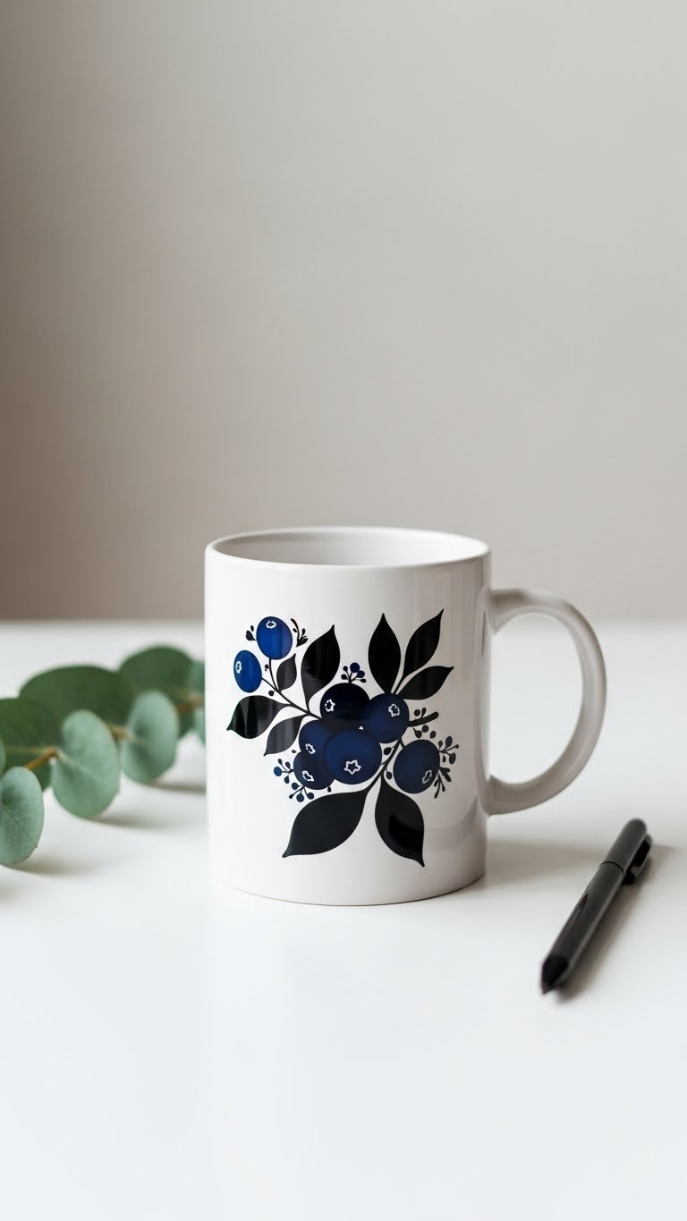 Monochromatic blueberry silhouettes painted mug with stark contrast on clean white table with eucalyptus sprig