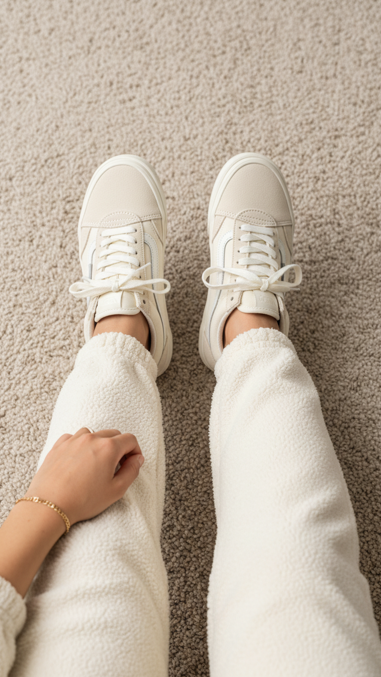 Monochromatic cream outfit featuring sweatpants, hoodie, and Vans Knu Skool sneakers in top-down flat lay composition