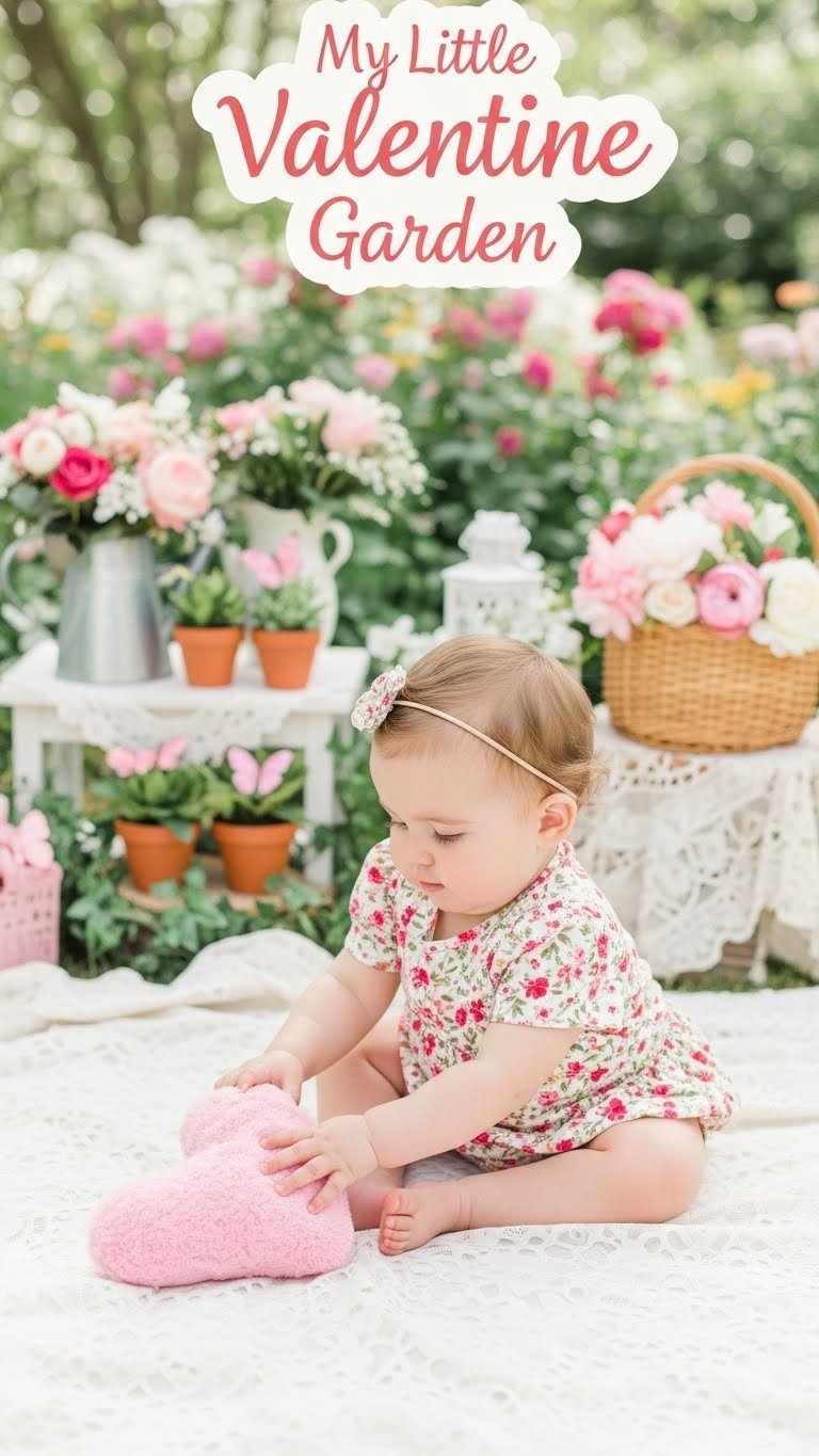 My Little Valentine Garden party scene with baby girl reaching for plush heart toy amidst pink blooms and greenery