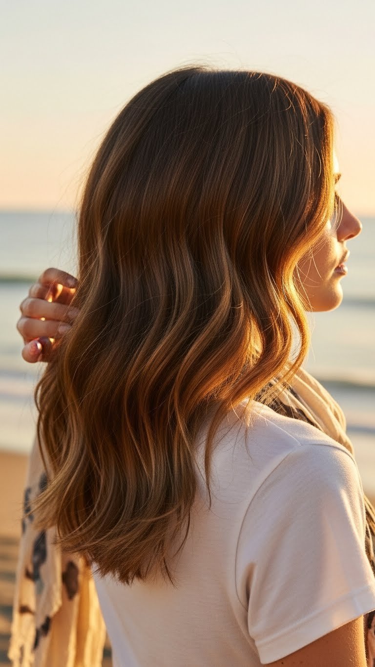Natural beach waves hairstyle with sun-kissed medium brown hair styled using heatless method in golden hour lighting