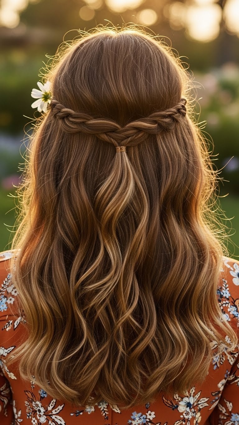 Natural free-flowing hippie waves with center part and soft textured hair in golden hour garden setting with floral accents.