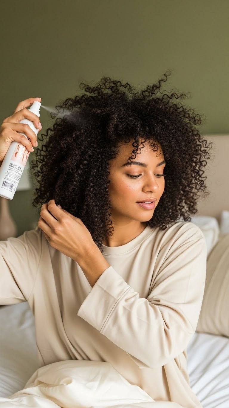 Natural moment of woman refreshing second-day 3c curls with spray bottle against bedroom interior backdrop