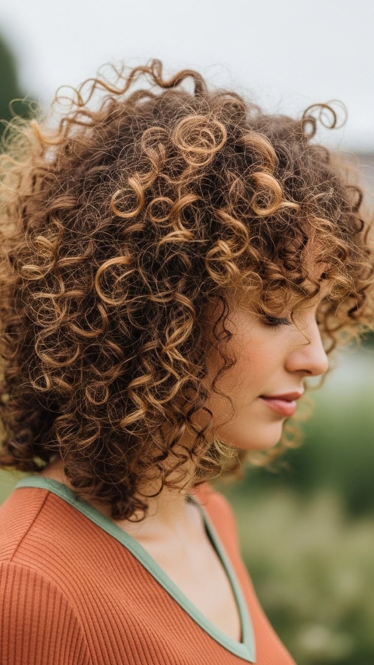 Naturally curly hair with defined springy layers showcasing volume and bounce in outdoor setting