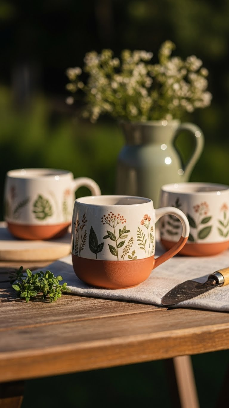 Nature-inspired ceramic mug with botanical motifs on rustic wooden table in golden hour light