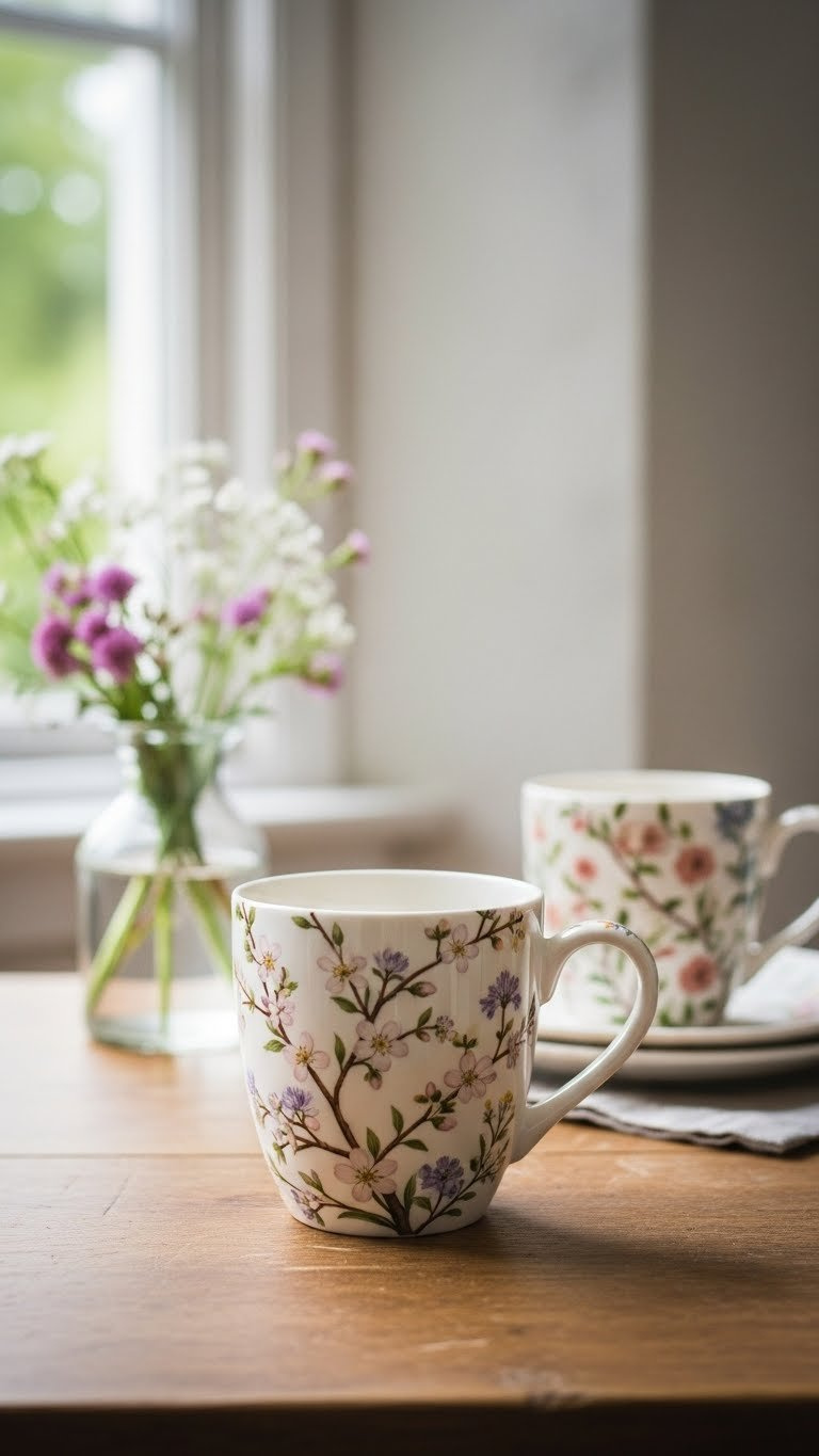 Nature-inspired floral hand painted mug with botanical illustrations on rustic wooden table in soft window light