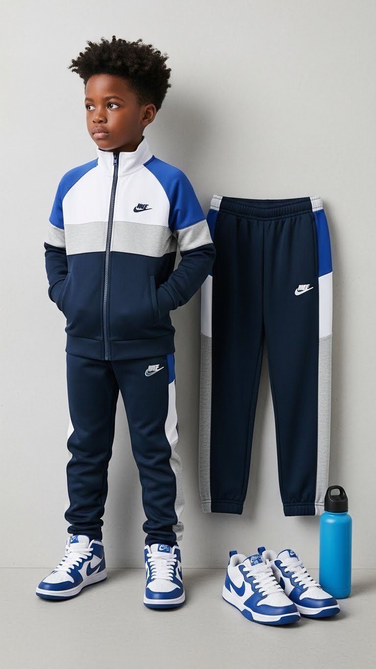 Navy and gray color-block athleisure track suit folded neatly with basketball sneakers on concrete