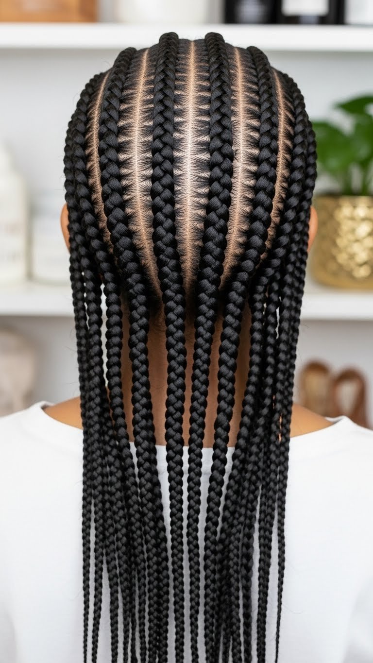 Neat classic cornrows with uniform parting and smooth sculpted appearance in top-down flat lay composition