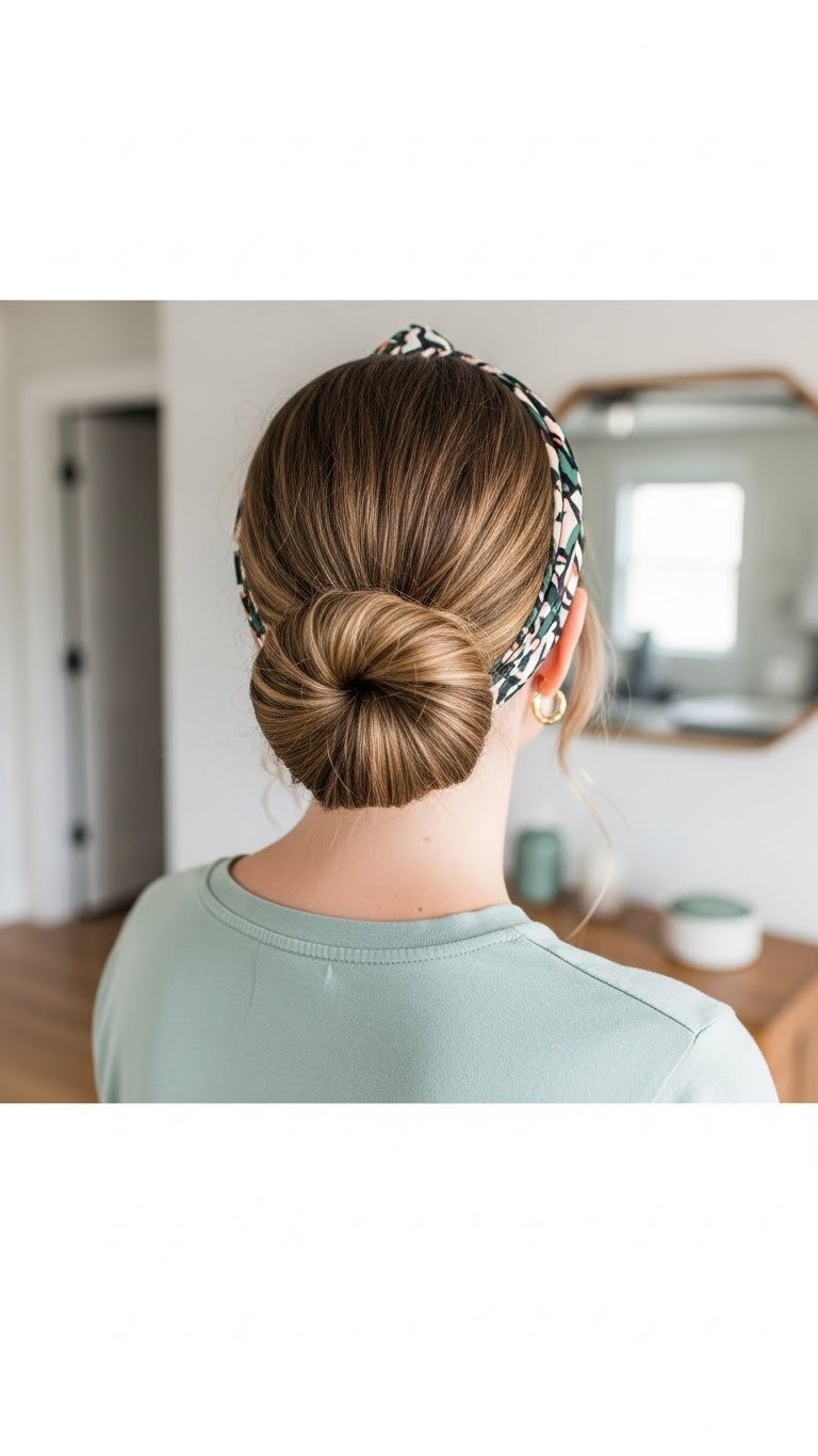 Neat low bun with patterned headband on medium length hair, casual top, and minimalist room interior with natural woods