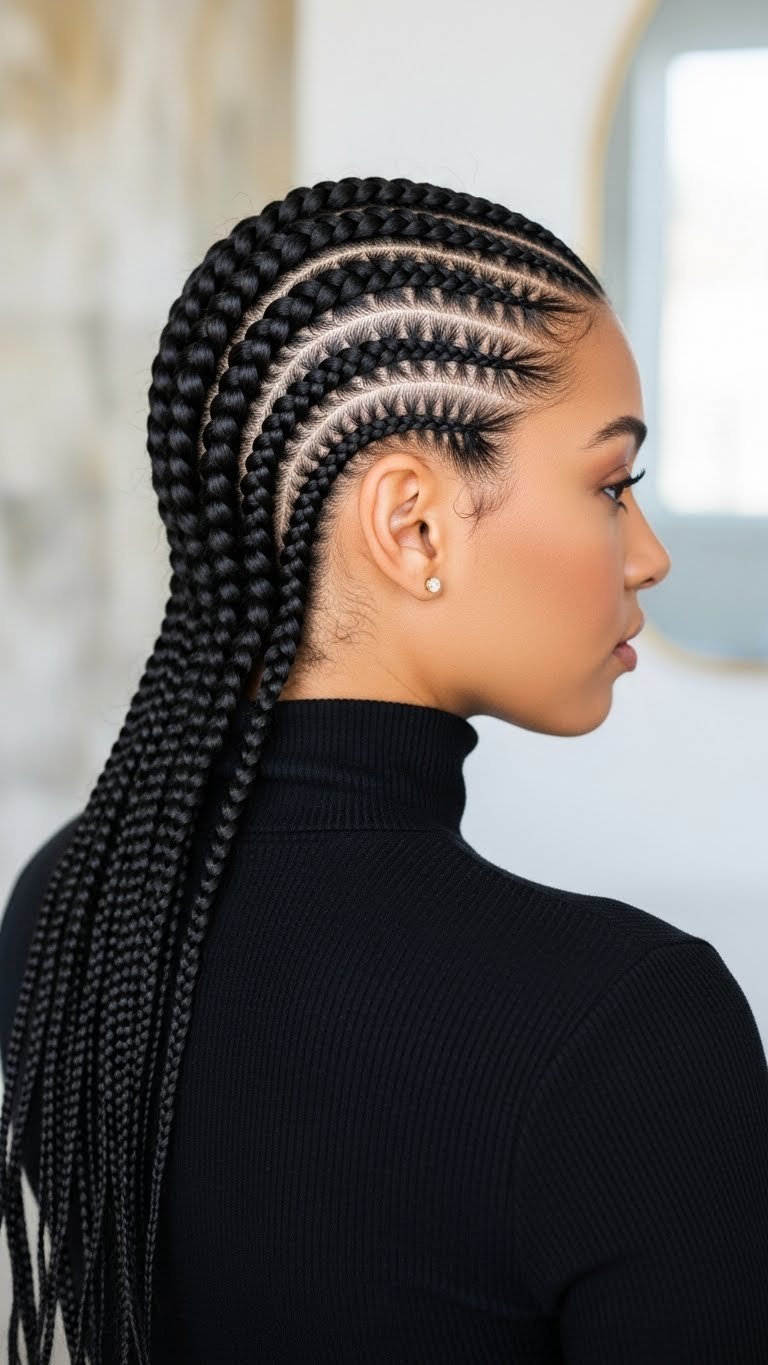 Neat symmetrical cornrows braided tightly on 4C hair against clean minimalist interior background