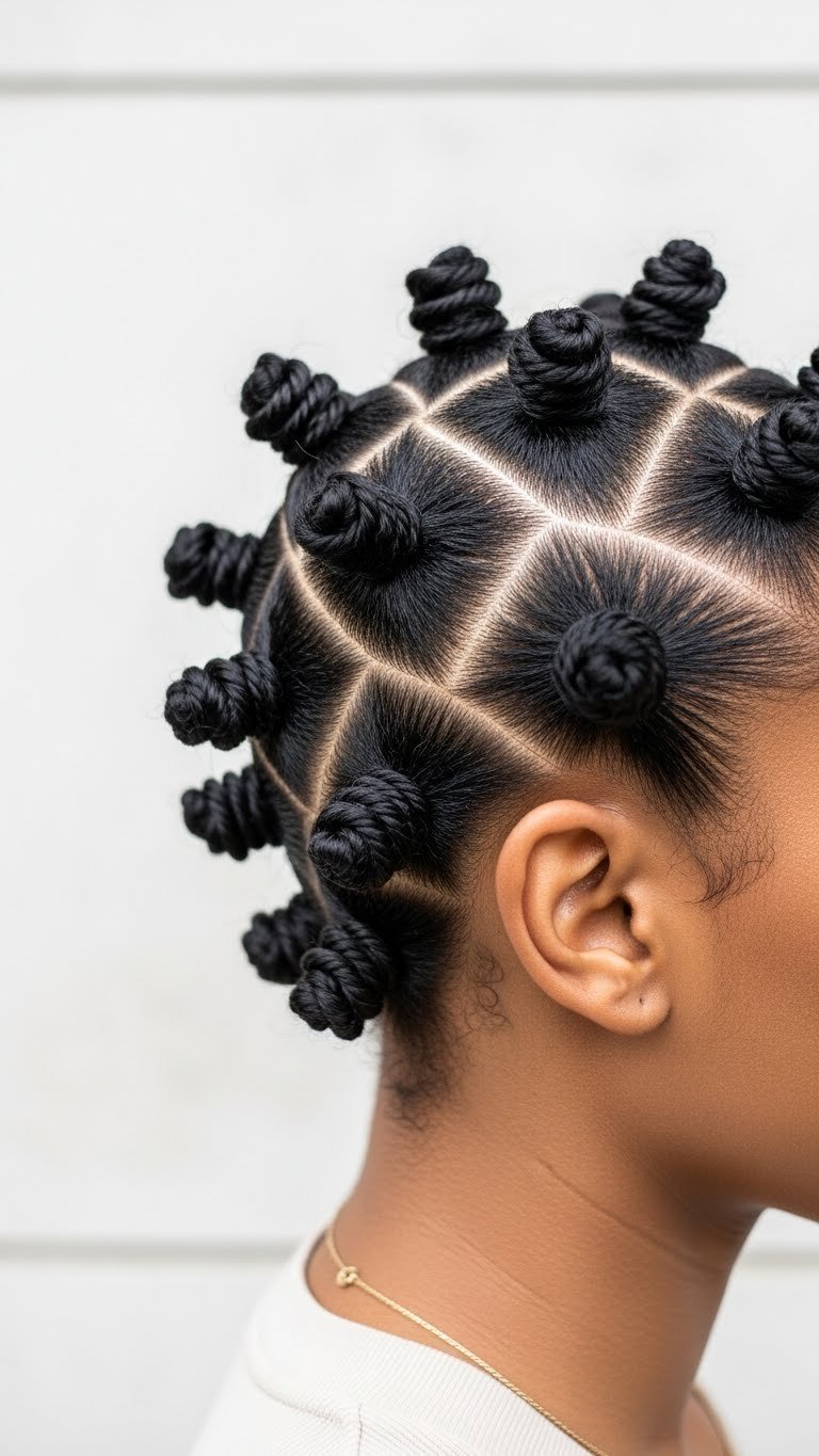 Neatly sectioned 4C hair styled into symmetrical Bantu knots with visible coiled texture against minimalist backdrop