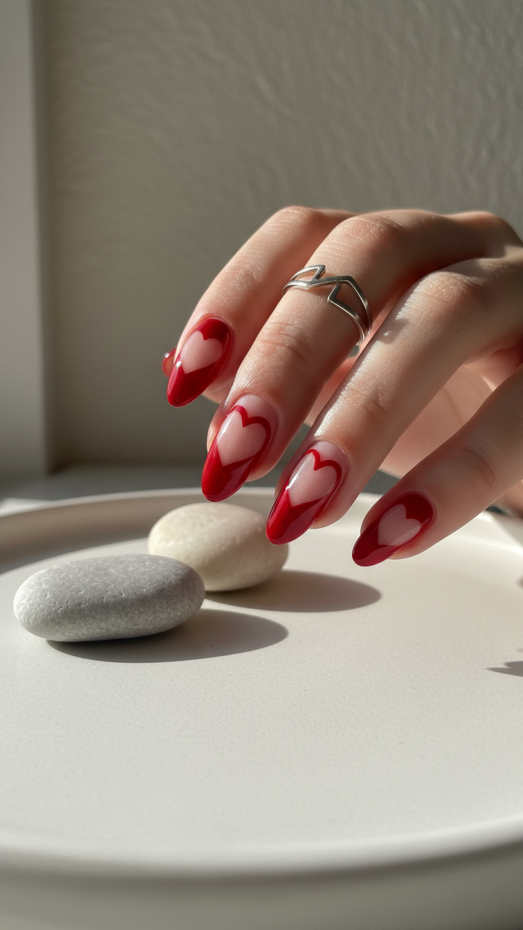 Negative space heart art almond nails with red outline and natural nail heart shapes on ceramic surface