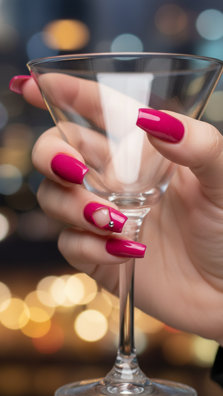 Negative space heart coffin nails with magenta gloss and silver stud holding cocktail glass