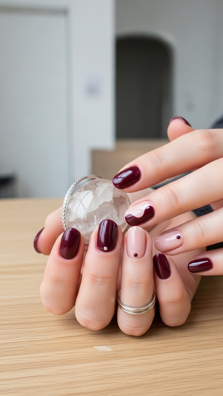 Negative space minimalist yin yang nails with berry polish and natural nail contrast on light wood