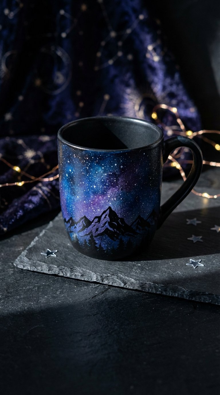 Night sky mountain scene mug with starry galaxy design on dark slate surface