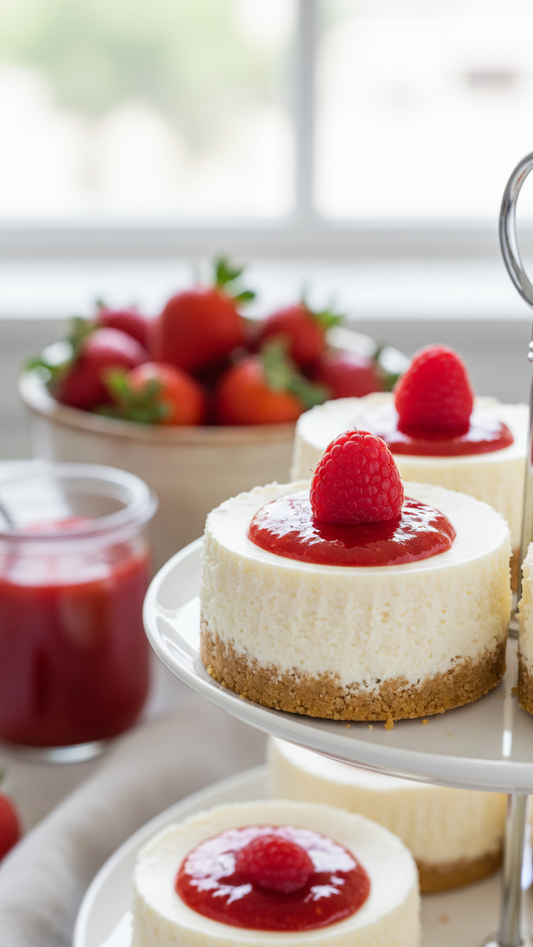 No-bake cheesecake bites with graham cracker crust and strawberry topping on dessert stand