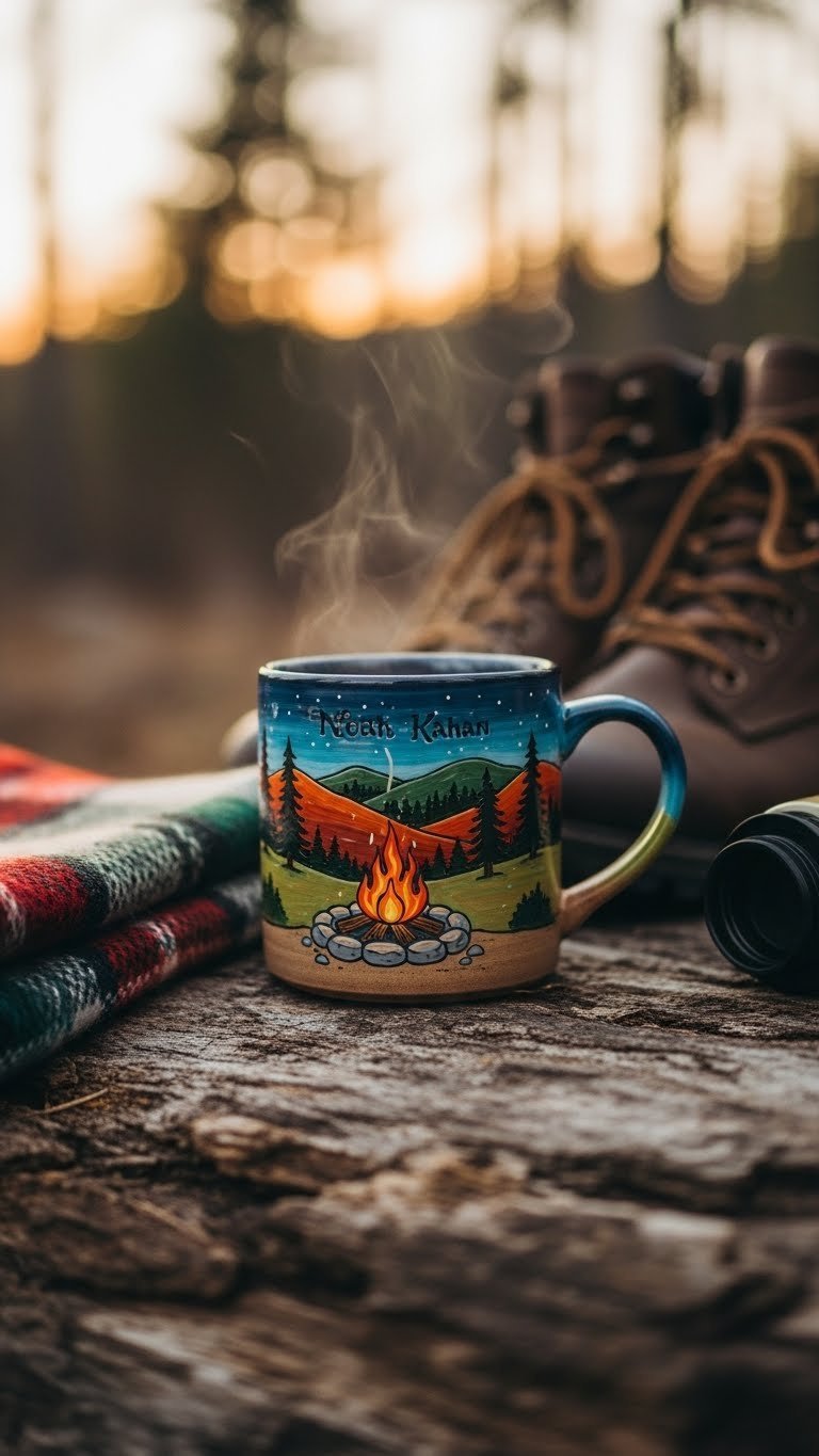 Noah Kahan campfire-themed hand-painted ceramic mug with Vermont landscape scene displayed outdoors on natural log with hiking accessories.