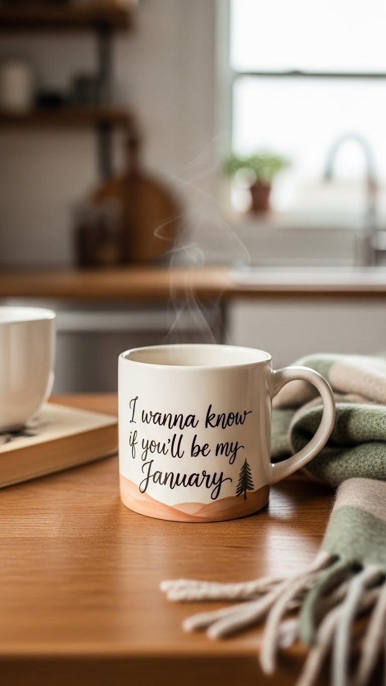 Noah Kahan-inspired hand-painted ceramic mug with calligraphy lyrics and rustic nature design on rustic wooden table with coffee and cozy accessories.