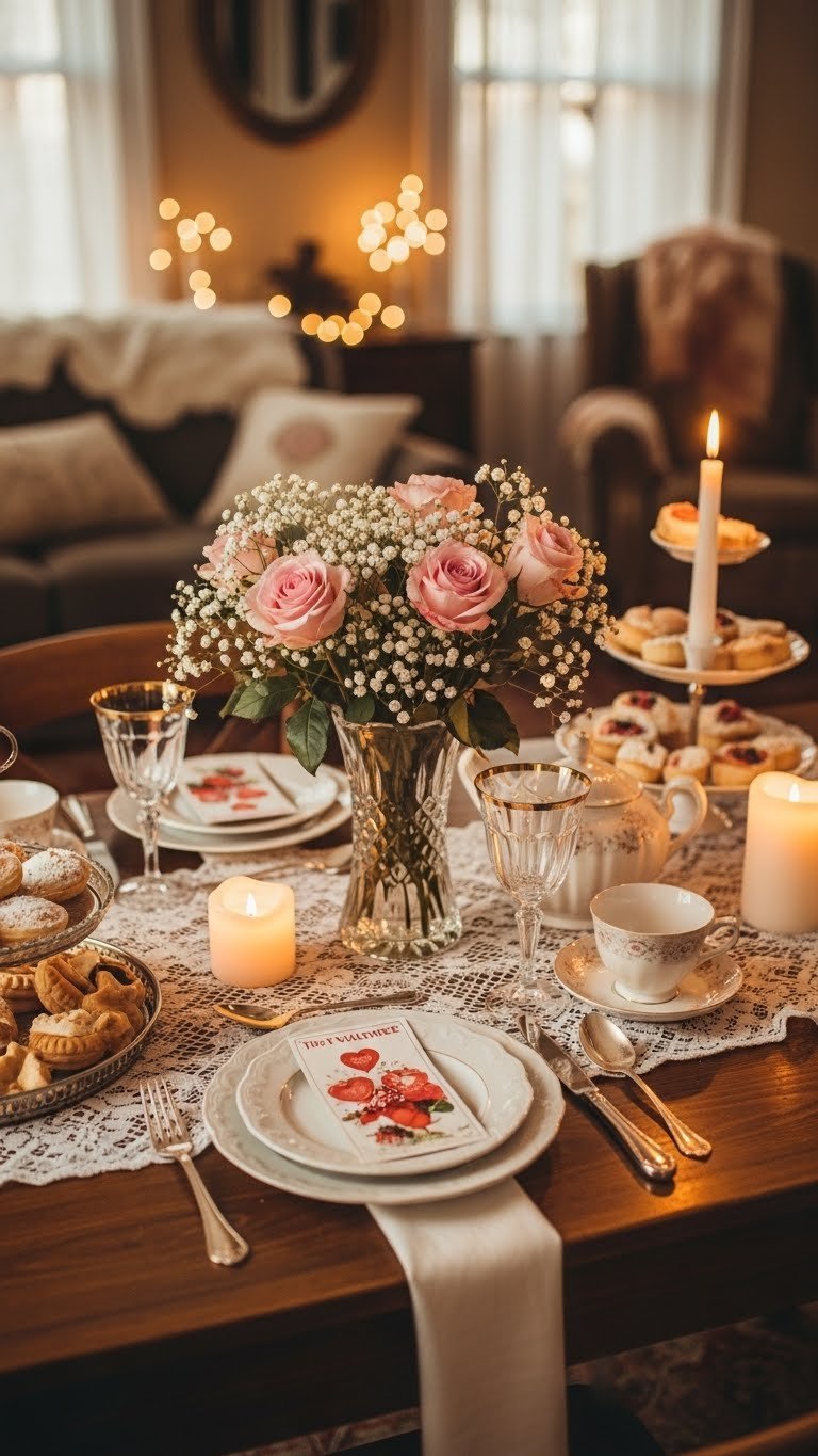 Nostalgic Valentine's Day party setup with lace tablecloth, vintage dishes, and pink rose centerpiece on wooden table