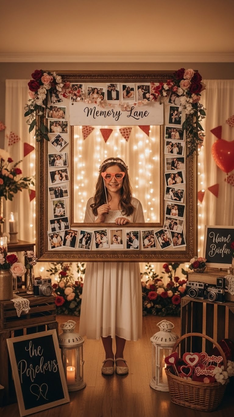 Nostalgic memory lane photo booth setup with vintage photo collage backdrop and romantic floral arrangements