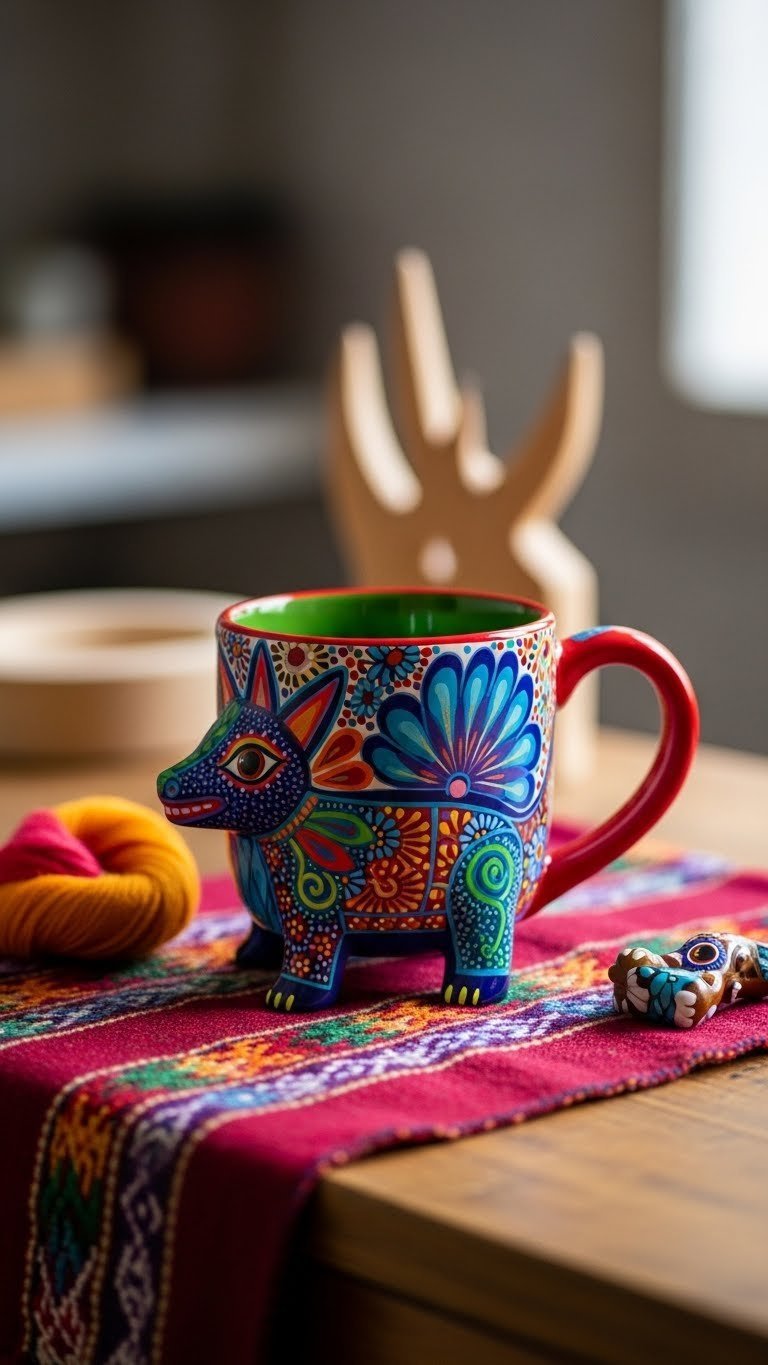 Oaxacan folk art ceramic mug with brightly colored fantastical animal design on colorful woven textile