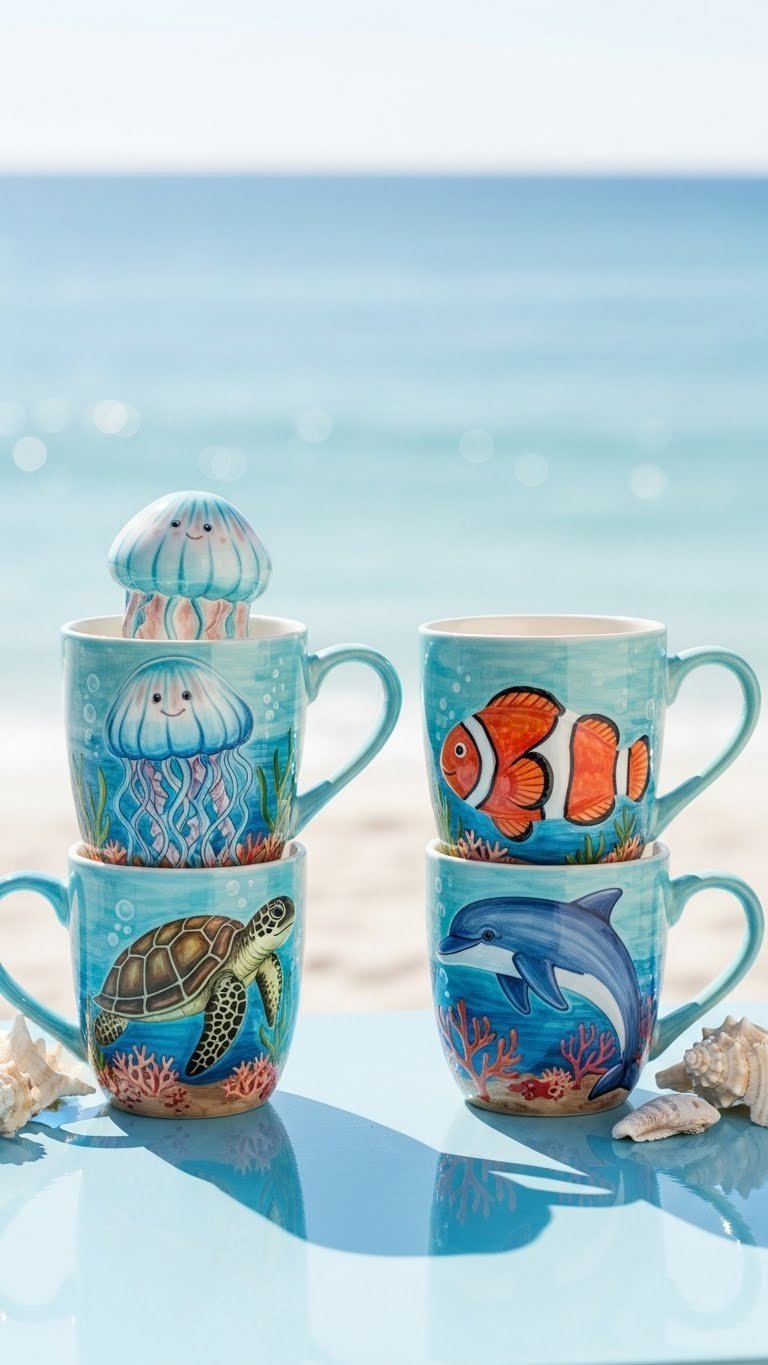 Ocean creature themed ceramic mugs with jellyfish, clownfish, turtle, and dolphin designs on sandy beach background