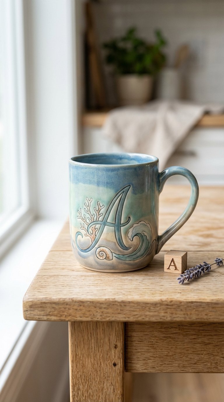 Ocean-themed monogram ceramic mug with elegant initial integrated with coral and shell details.