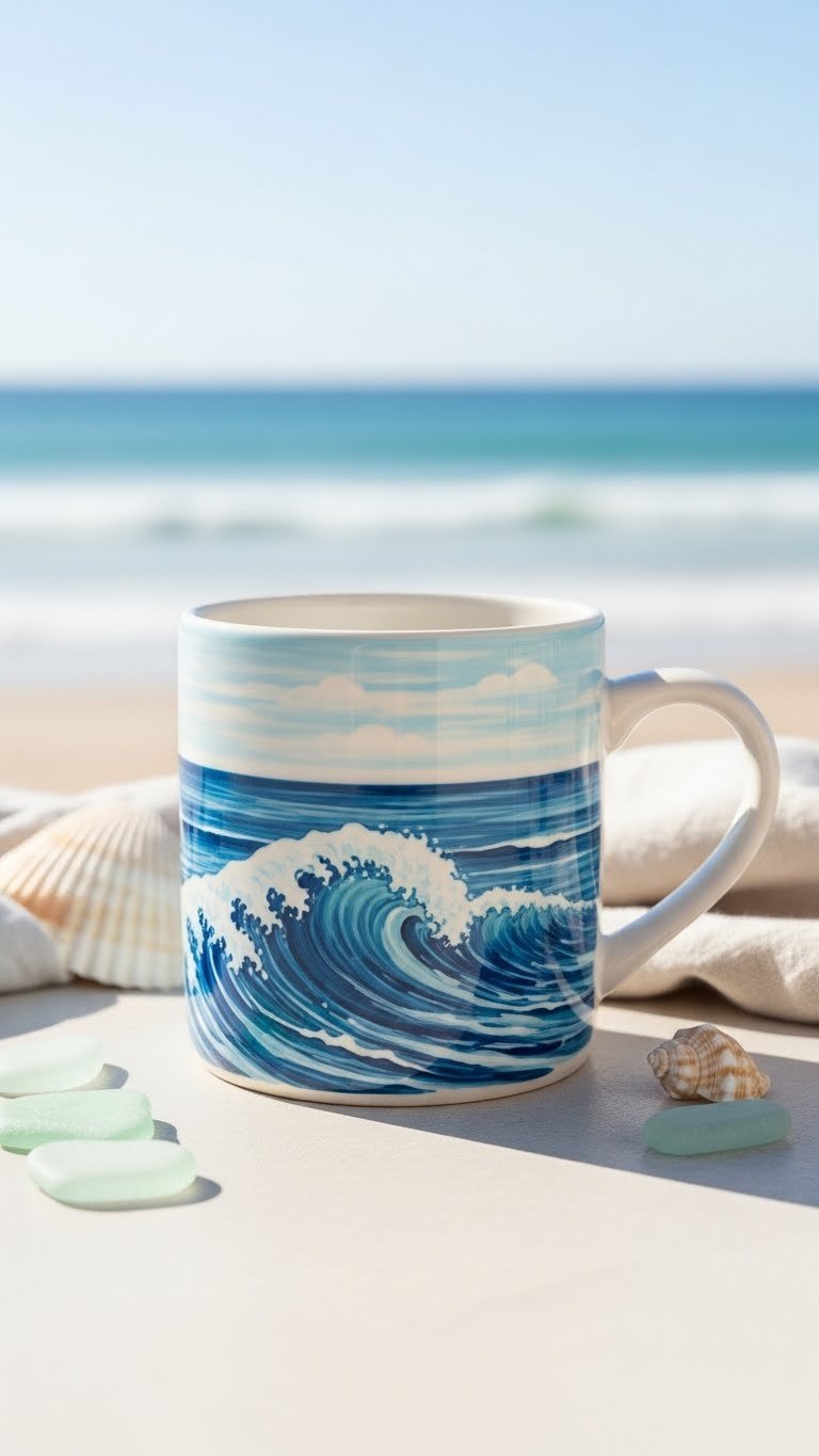 Ocean wave horizon design ceramic mug on stone surface with seashells and beach-themed decorative elements