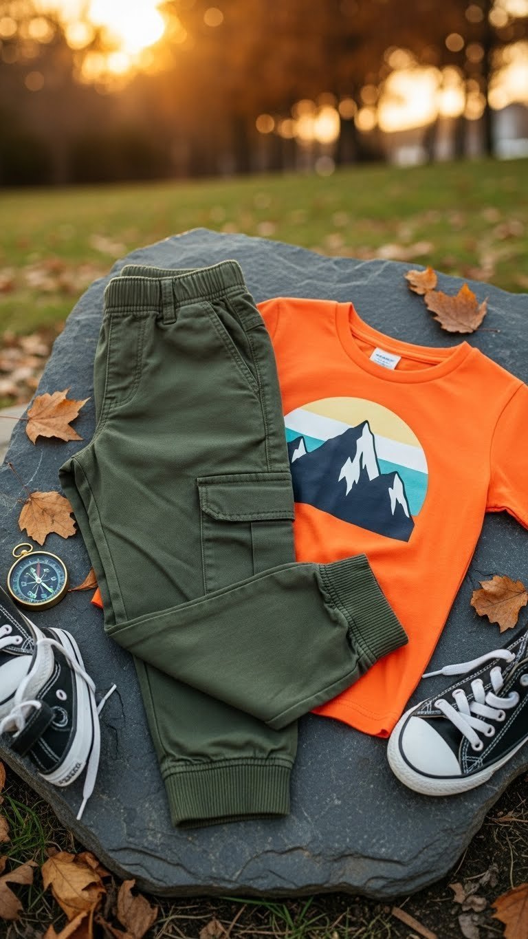 Olive green cargo joggers and mountain graphic t-shirt flat lay with compass and autumn leaves