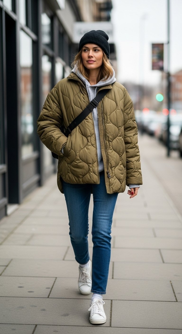 Olive green quilted puffer jacket over gray hoodie with dark wash jeans walking on urban city sidewalk