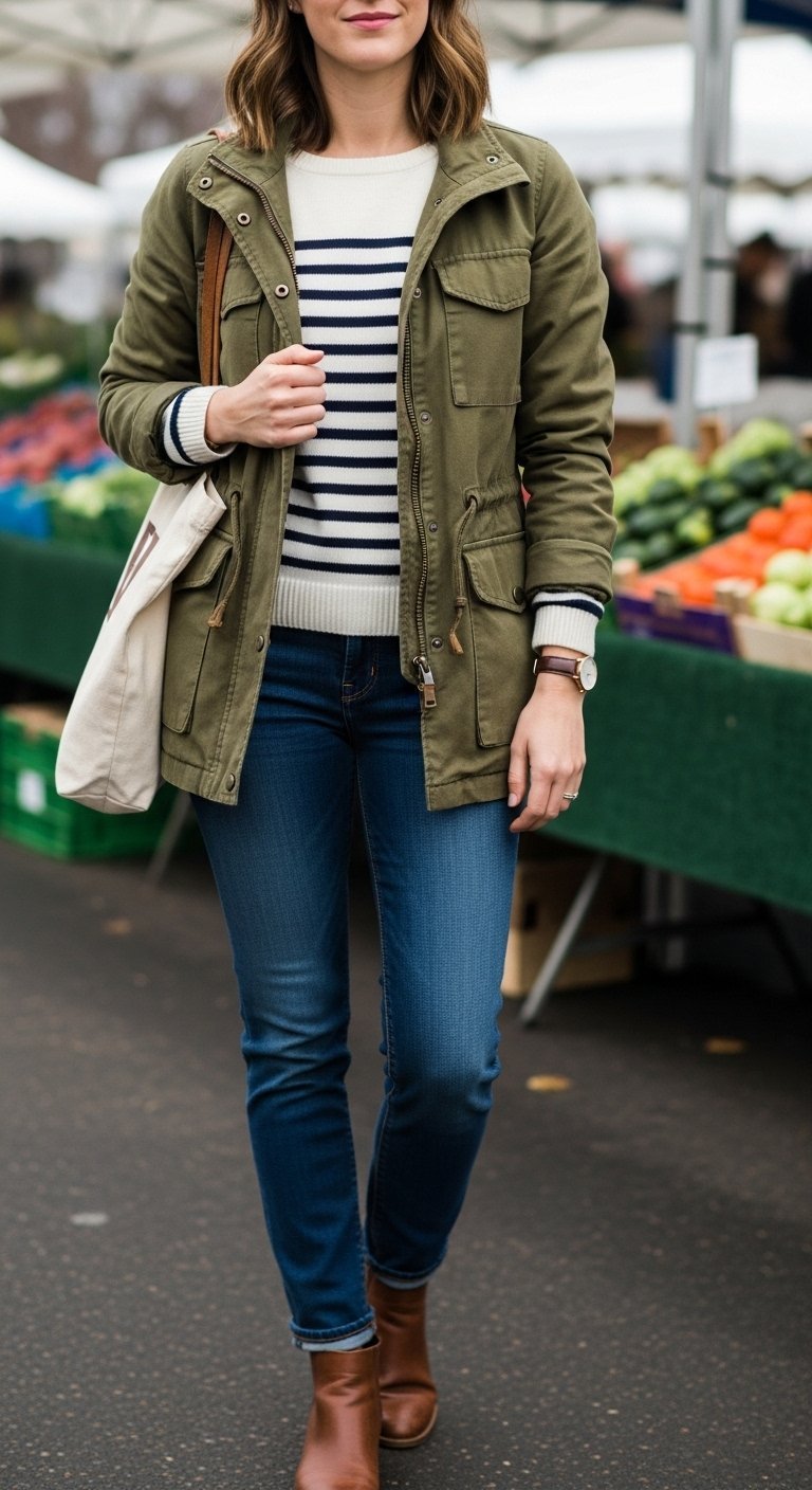 Olive green utility jacket over navy striped sweater with dark jeans at outdoor farmers market