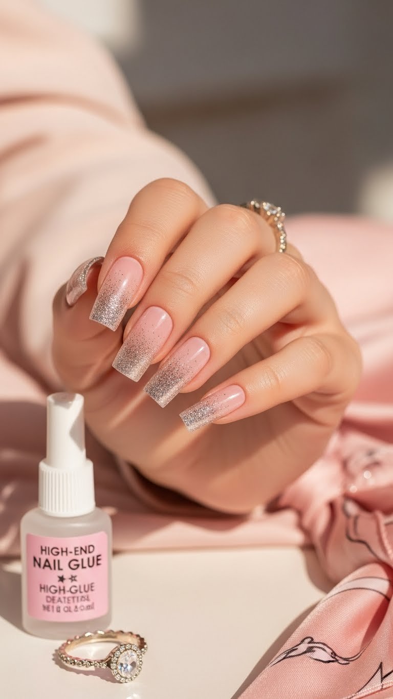 Ombre glitter fade square press-on nails with pink to silver transition on reflective surface