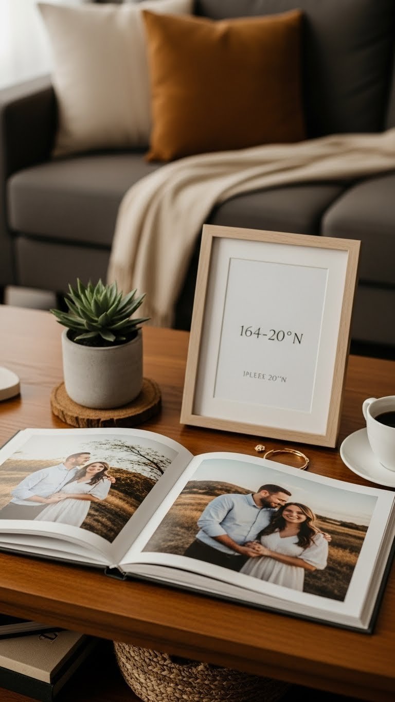 Open elegant photo album showcasing couple photographs with personalized framed art on dark wooden table