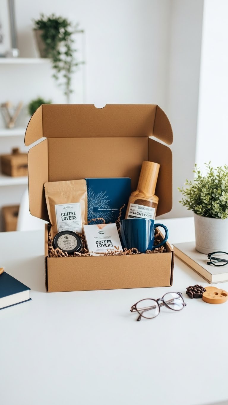 Open themed subscription box revealing curated coffee lover items arranged aesthetically on white surface