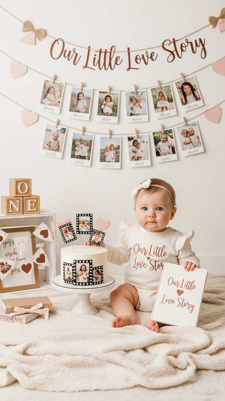 Our Little Love Story sentimental first birthday display with baby girl next to milestone photos and storybook theme