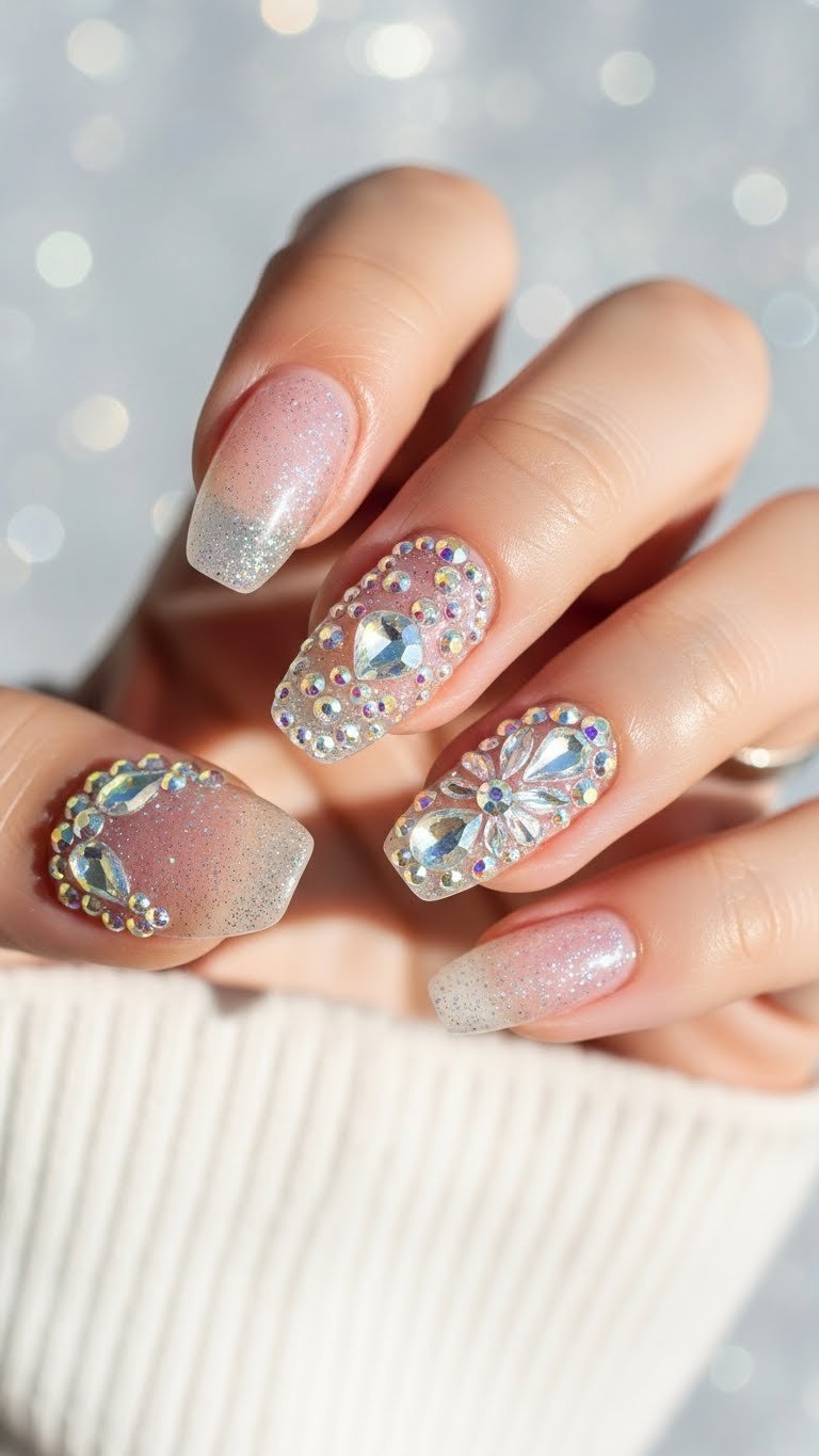 Oval nails with glittery pink base lavishly decorated with iridescent rhinestones in clustered patterns