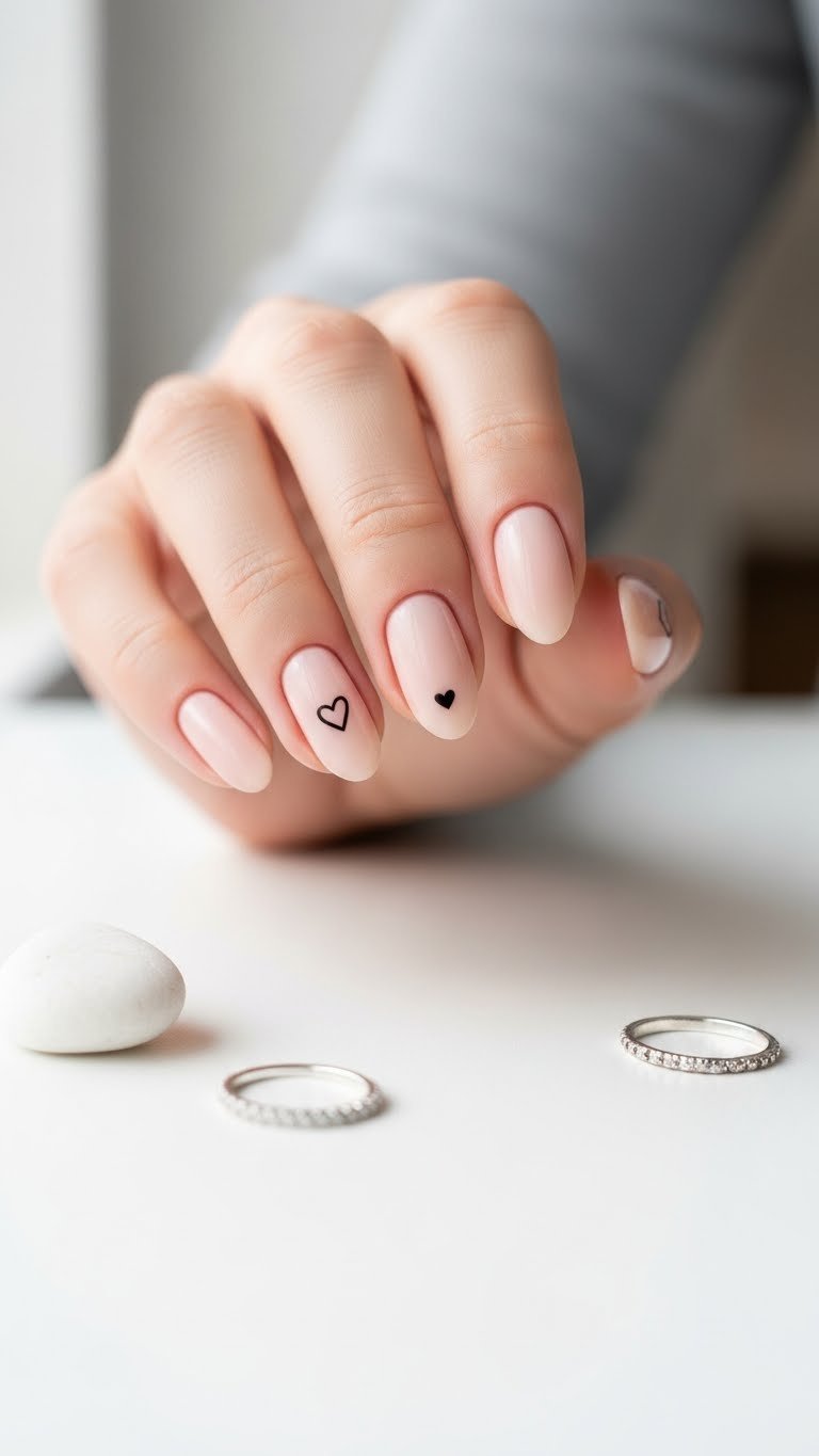 Oval nude nails with minimalist black heart outline near cuticle for elegant simplicity