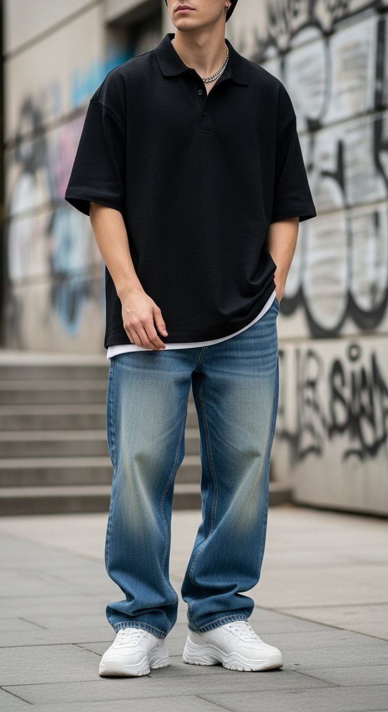 Oversized black polo shirt with baggy light-wash denim jeans and chunky white sneakers against urban graffiti wall backdrop