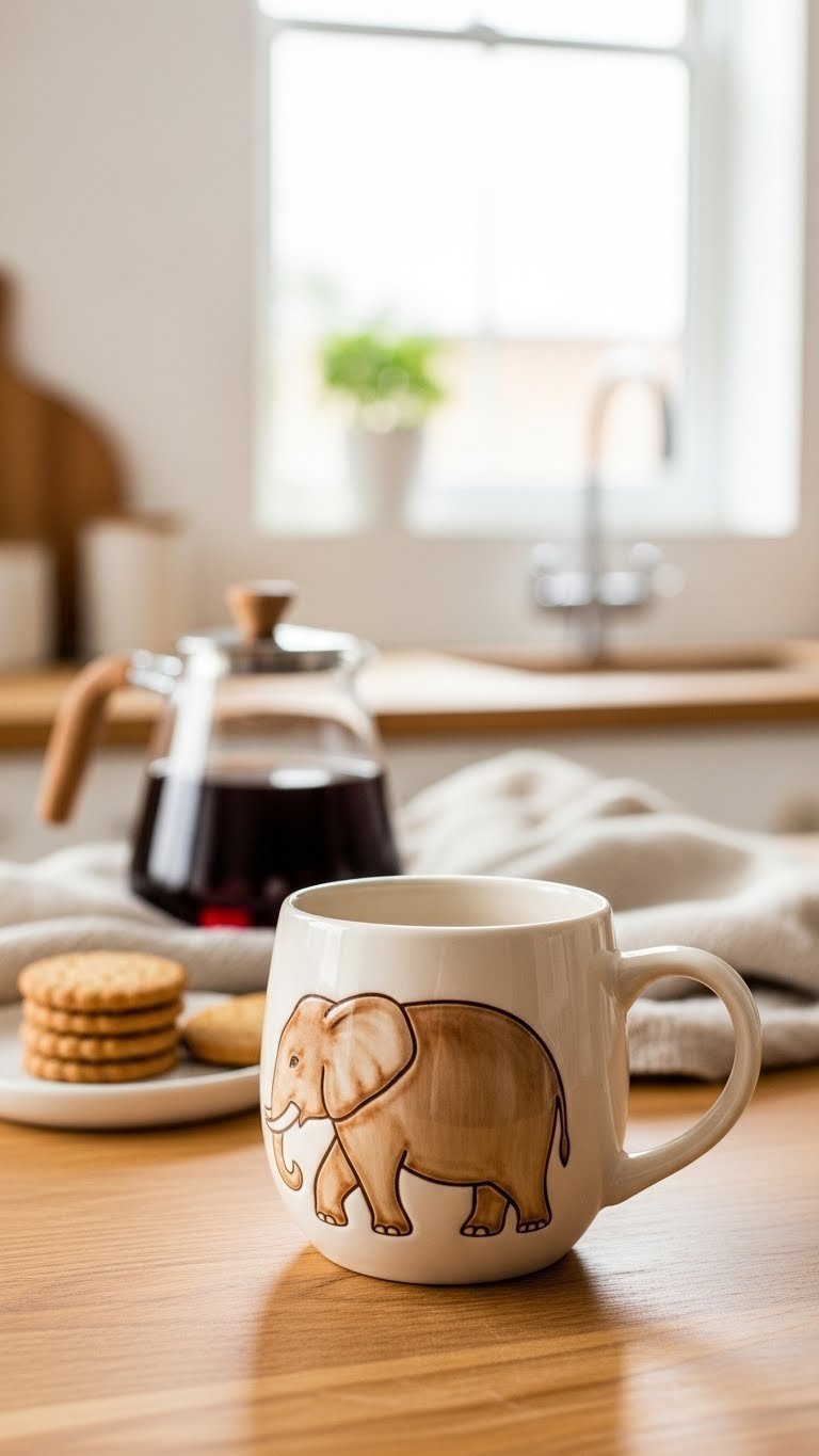 Oversized ceramic elephant mug with large capacity on rustic wooden table with coffee pot