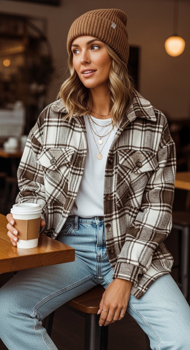 Oversized neutral plaid shacket over white t-shirt with light-wash relaxed jeans in coffee shop setting