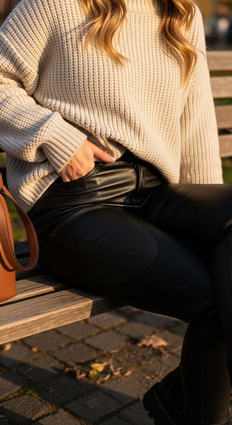Oversized oatmeal knit sweater layered over black faux leather pants with lug-sole boots on rustic park bench