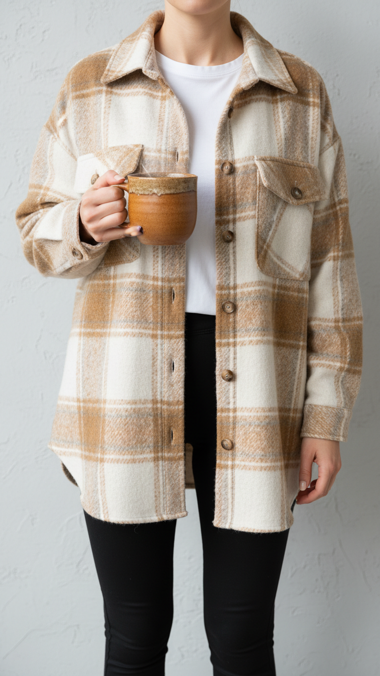 Oversized plaid flannel shacket layered over white t-shirt and black leggings in bright minimalist interior